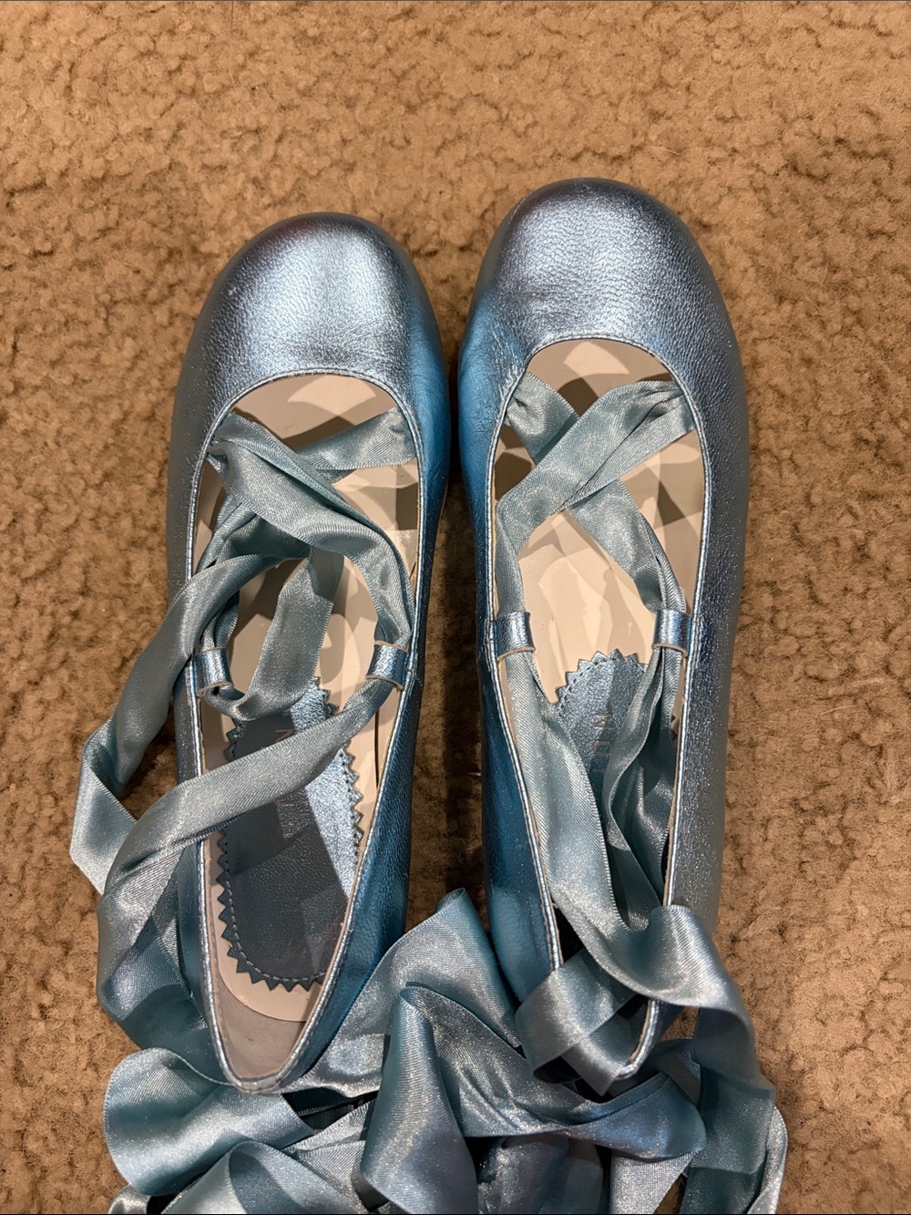 Kenneth Cole Reaction Metallic Light Blue Ballet Flats with Wrap Ribbons